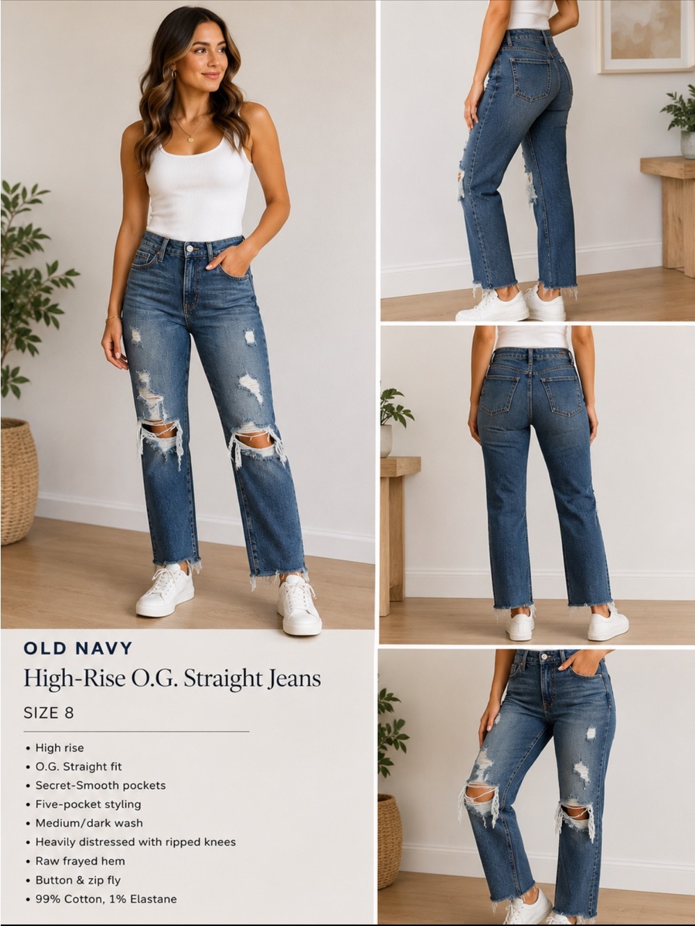 Old Navy High-Rise Straight Jeans in Medium Blue with Distressed Knees